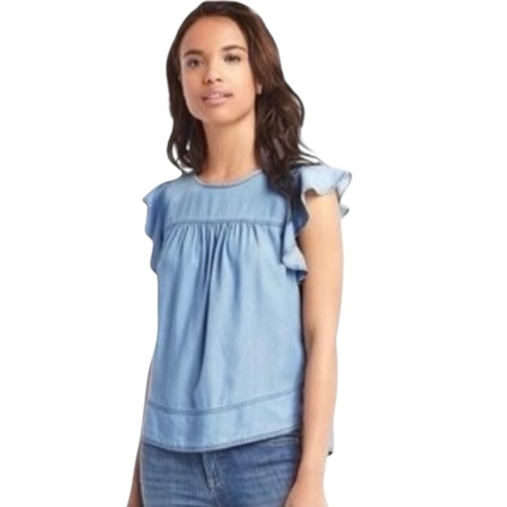 Gap Light Blue Chambray Ruffle Flutter Cap Sleeve Top Size Small
